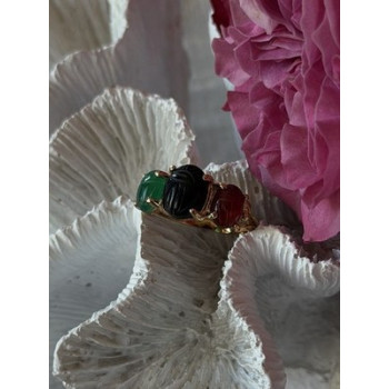 925 Sterling Silver Gold Plated Carved Carnelian Onyx Jade Ring Size 7