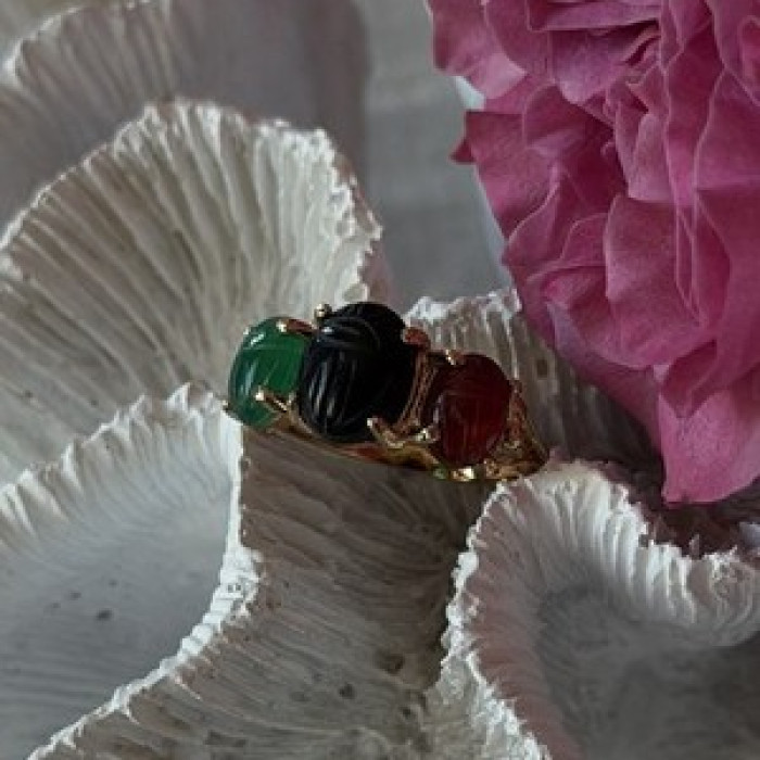 925 Sterling Silver Gold Plated Carved Carnelian Onyx Jade Ring Size 7