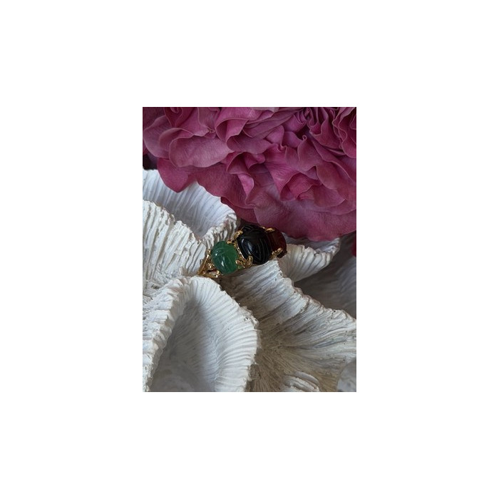 925 Sterling Silver Gold Plated Carved Carnelian Onyx Jade Ring Size 7