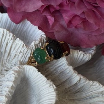925 Sterling Silver Gold Plated Carved Carnelian Onyx Jade Ring Size 7