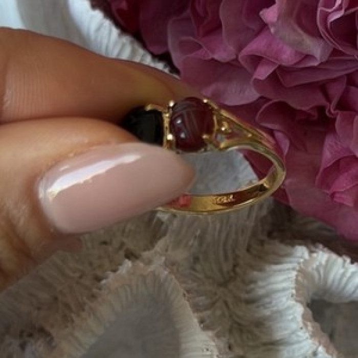 925 Sterling Silver Gold Plated Carved Carnelian Onyx Jade Ring Size 7