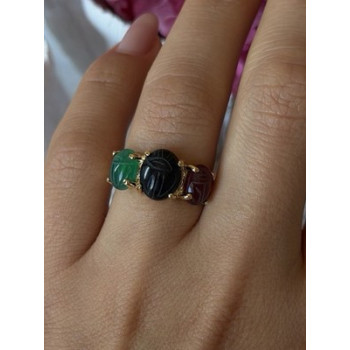 925 Sterling Silver Gold Plated Carved Carnelian Onyx Jade Ring Size 7