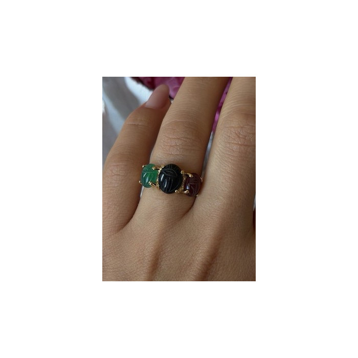 925 Sterling Silver Gold Plated Carved Carnelian Onyx Jade Ring Size 7