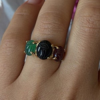 925 Sterling Silver Gold Plated Carved Carnelian Onyx Jade Ring Size 7
