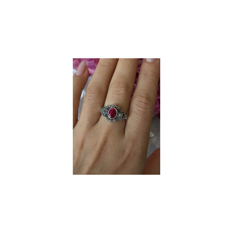 925 Sterling Silver Ruby & Marcasite Ring Size 8