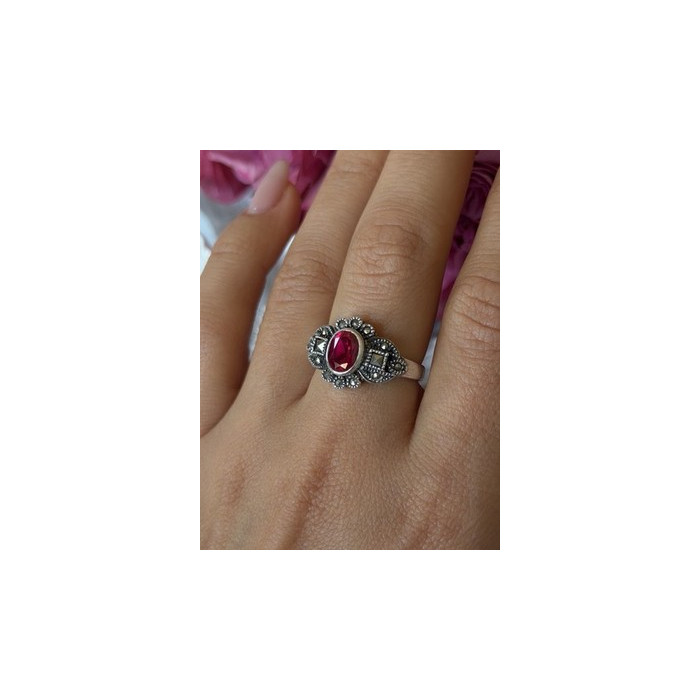 925 Sterling Silver Ruby & Marcasite Ring Size 8