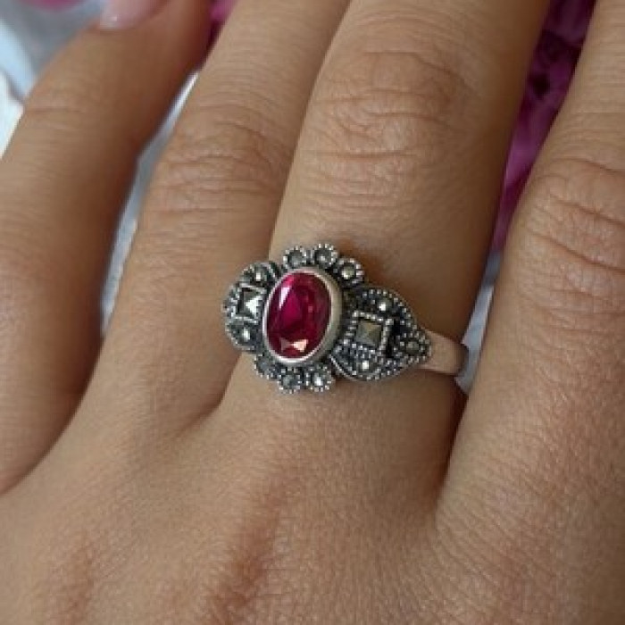 925 Sterling Silver Ruby & Marcasite Ring Size 8