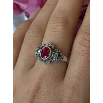 925 Sterling Silver Ruby & Marcasite Ring Size 8