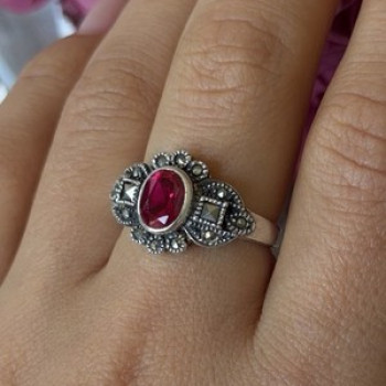 925 Sterling Silver Ruby & Marcasite Ring Size 8