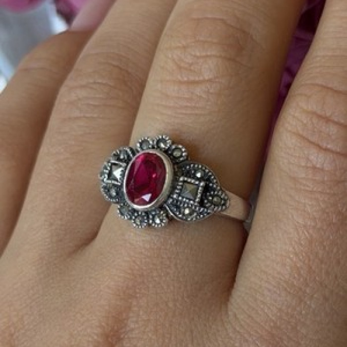 925 Sterling Silver Ruby & Marcasite Ring Size 8