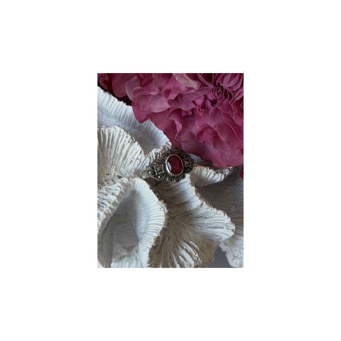 925 Sterling Silver Ruby & Marcasite Ring Size 8