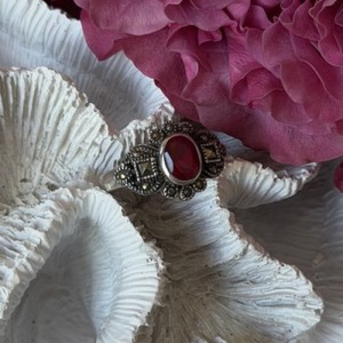 925 Sterling Silver Ruby & Marcasite Ring Size 8