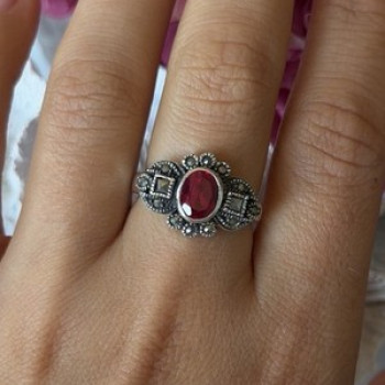 925 Sterling Silver Ruby & Marcasite Ring Size 8