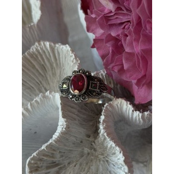 925 Sterling Silver Ruby & Marcasite Ring Size 8