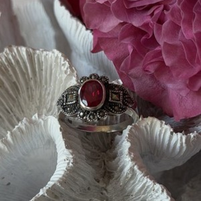 925 Sterling Silver Ruby & Marcasite Ring Size 8
