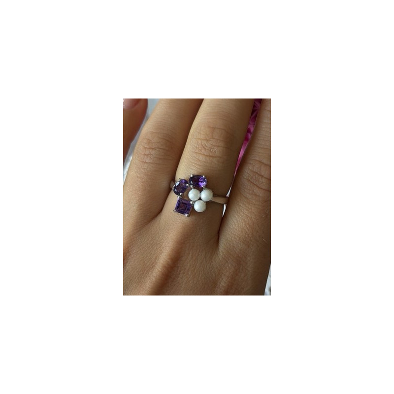925 Sterling Silver Amethyst & Pearl Ring Size 8