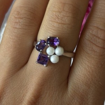 925 Sterling Silver Amethyst & Pearl Ring Size 8