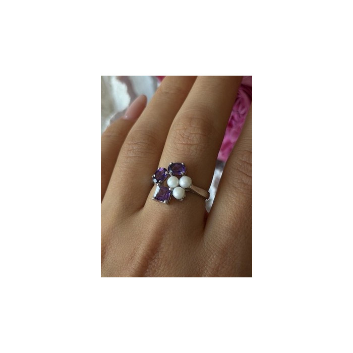 925 Sterling Silver Amethyst & Pearl Ring Size 8
