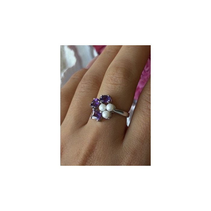 925 Sterling Silver Amethyst & Pearl Ring Size 8