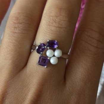 925 Sterling Silver Amethyst & Pearl Ring Size 8