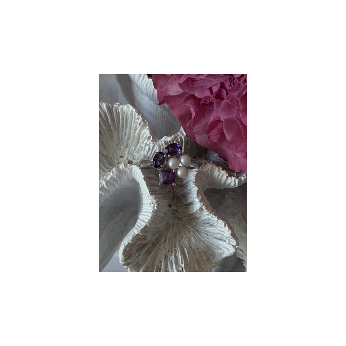 925 Sterling Silver Amethyst & Pearl Ring Size 8
