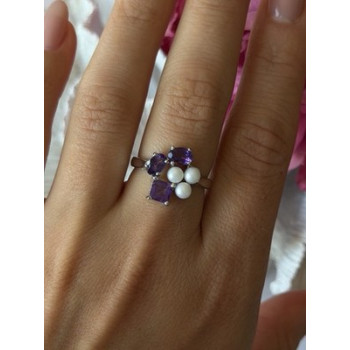 925 Sterling Silver Amethyst & Pearl Ring Size 8
