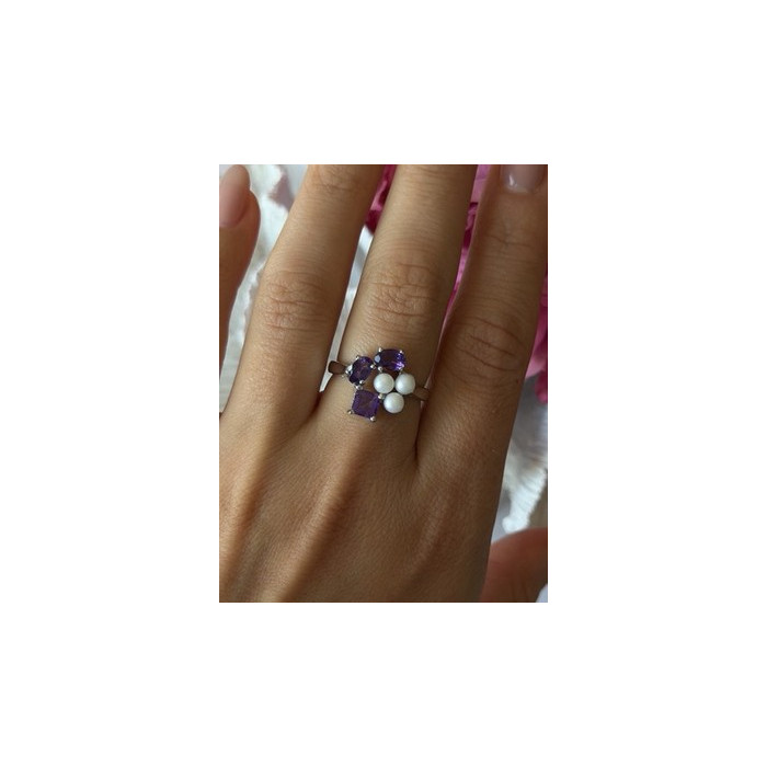 925 Sterling Silver Amethyst & Pearl Ring Size 8