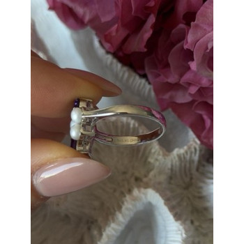 925 Sterling Silver Amethyst & Pearl Ring Size 8