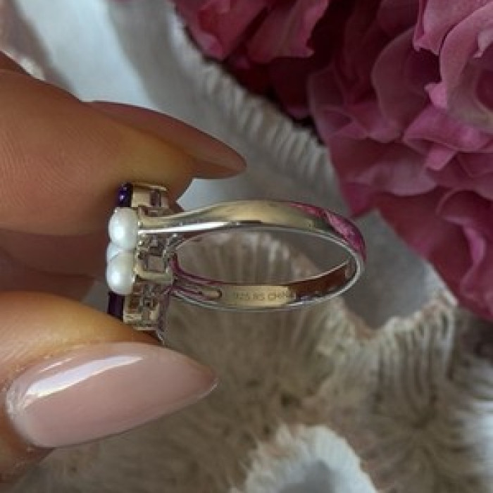 925 Sterling Silver Amethyst & Pearl Ring Size 8