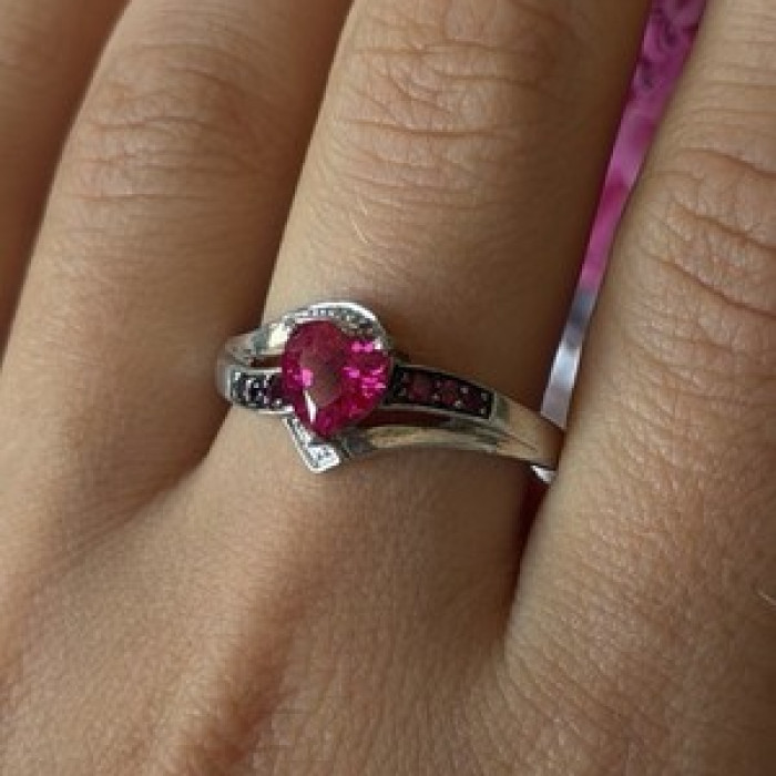 925 Sterling Silver Pink Sapphire Heart Ring Size 10