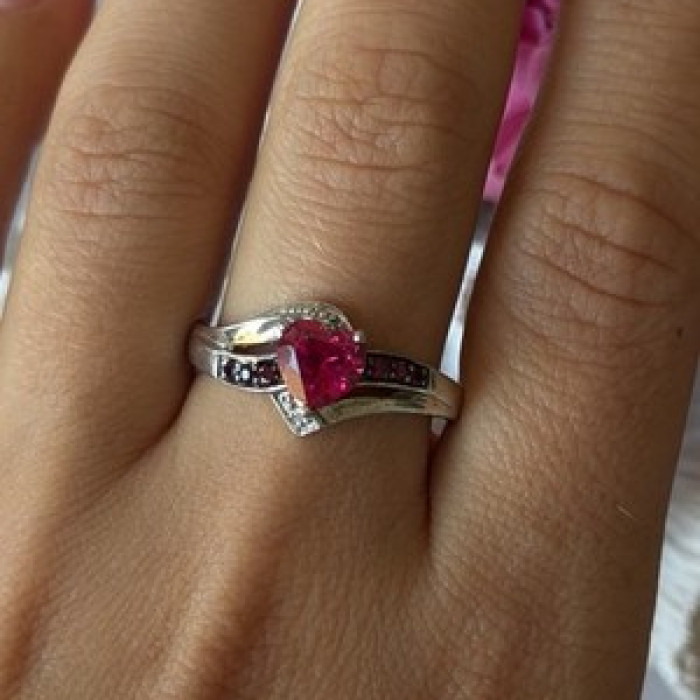 925 Sterling Silver Pink Sapphire Heart Ring Size 10