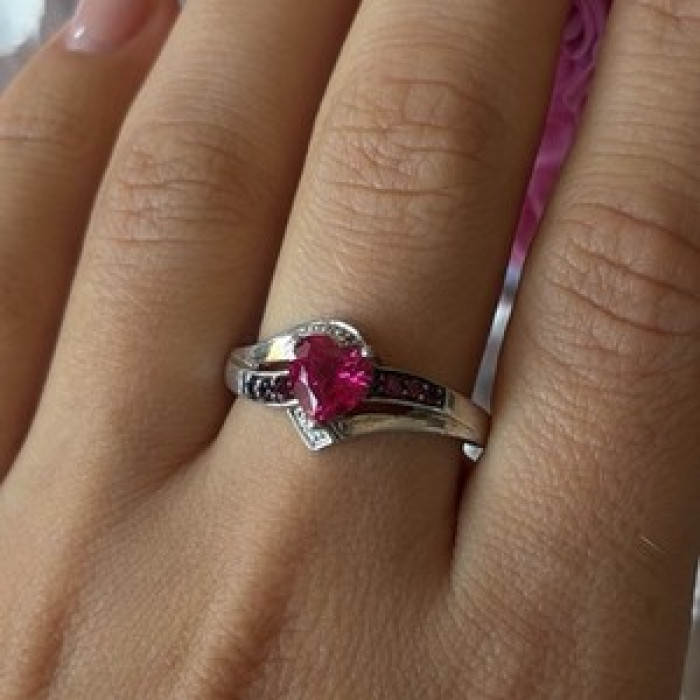 925 Sterling Silver Pink Sapphire Heart Ring Size 10