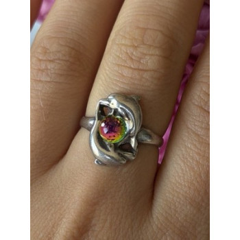 Vintage 925 Sterling Silver Rainbow Crystal Disco Ball Dolphins Ring Size 8