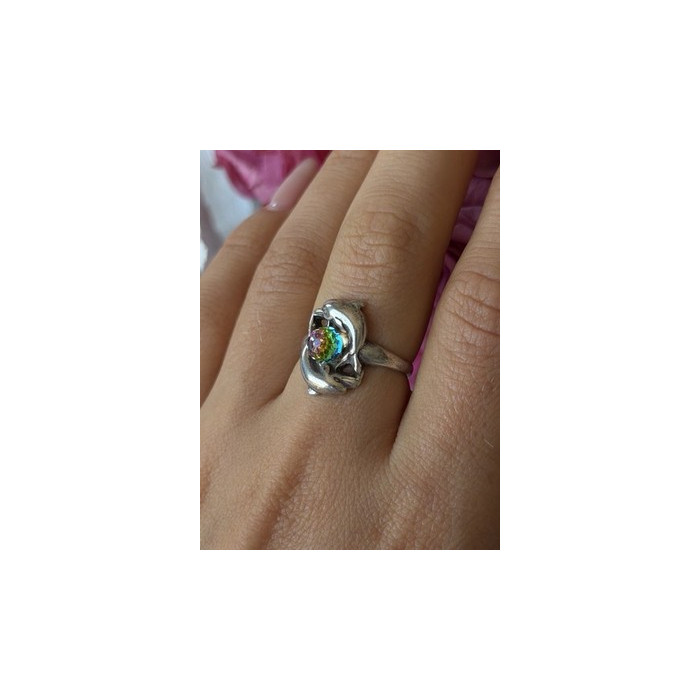 Vintage 925 Sterling Silver Rainbow Crystal Disco Ball Dolphins Ring Size 8