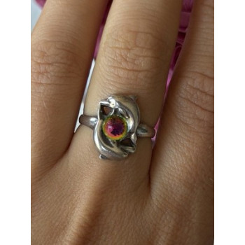 Vintage 925 Sterling Silver Rainbow Crystal Disco Ball Dolphins Ring Size 8