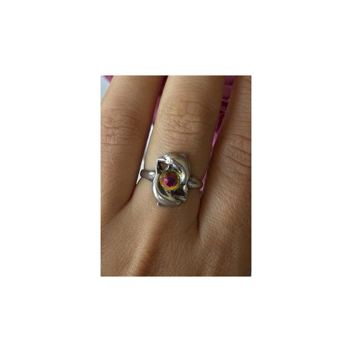 Vintage 925 Sterling Silver Rainbow Crystal Disco Ball Dolphins Ring Size 8