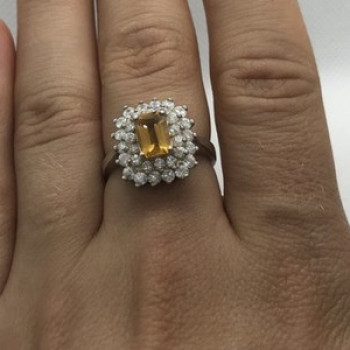 925 Sterling Silver Citrine & CZ Ring Size 7.5