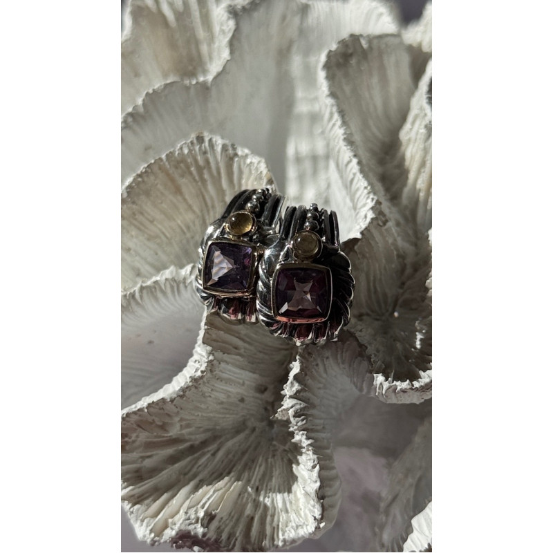 925 Sterling Silver Amethyst & Amber Clip Earrings