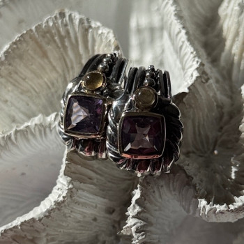 925 Sterling Silver Amethyst & Amber Clip Earrings