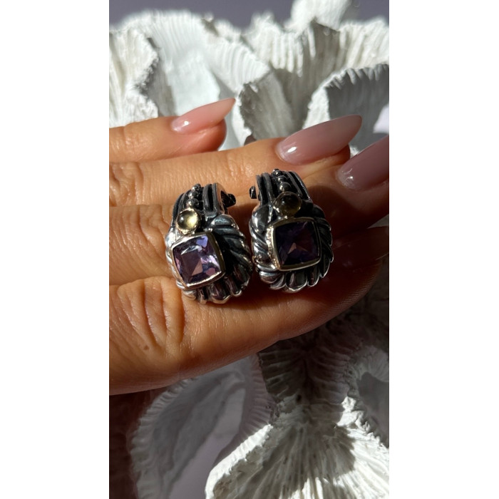 925 Sterling Silver Amethyst & Amber Clip Earrings