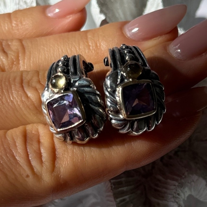 925 Sterling Silver Amethyst & Amber Clip Earrings