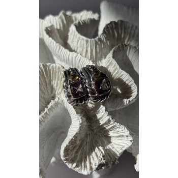 925 Sterling Silver Amethyst & Amber Clip Earrings