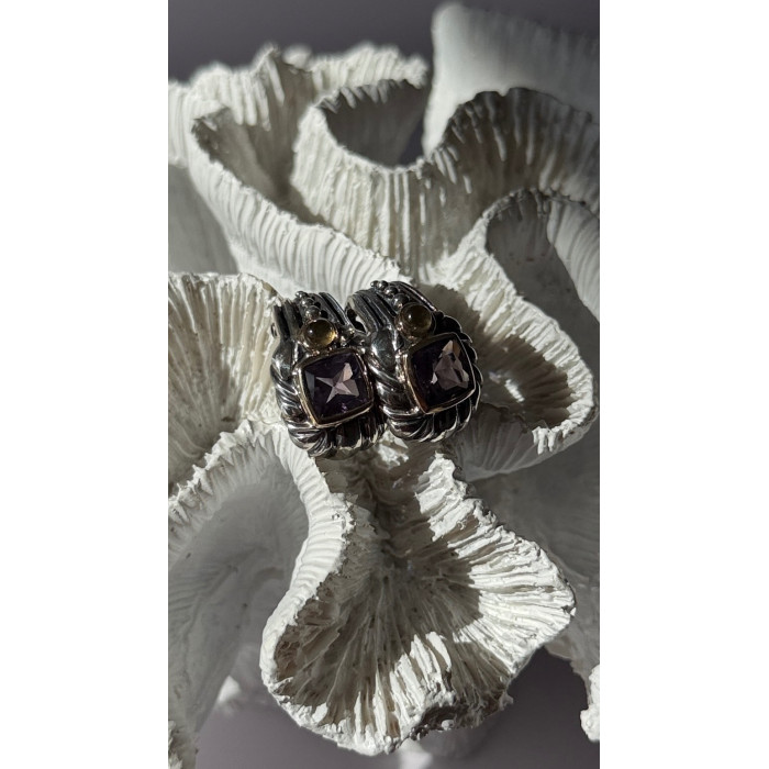 925 Sterling Silver Amethyst & Amber Clip Earrings