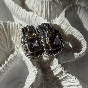 925 Sterling Silver Amethyst & Amber Clip Earrings