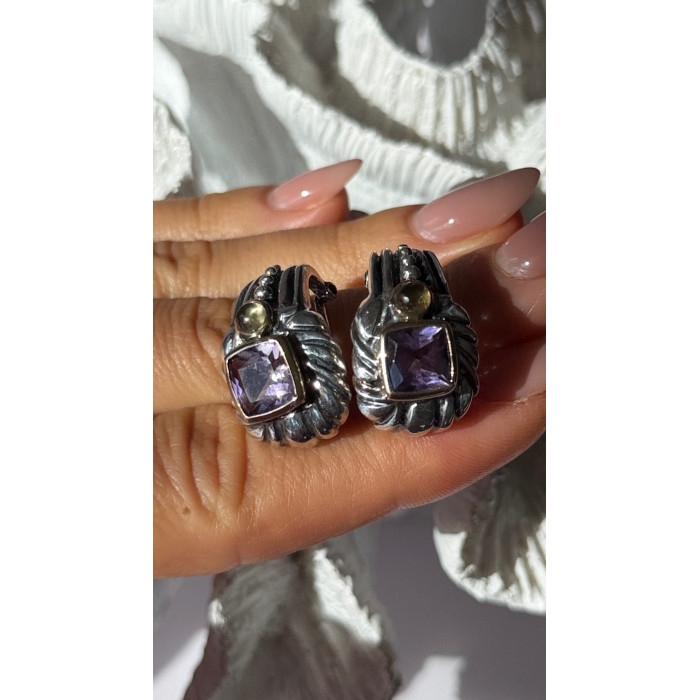 925 Sterling Silver Amethyst & Amber Clip Earrings