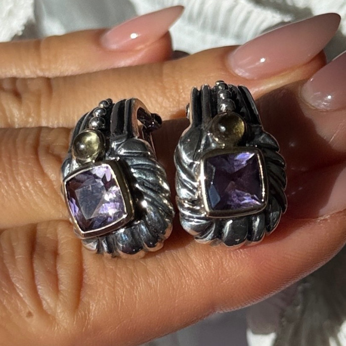 925 Sterling Silver Amethyst & Amber Clip Earrings
