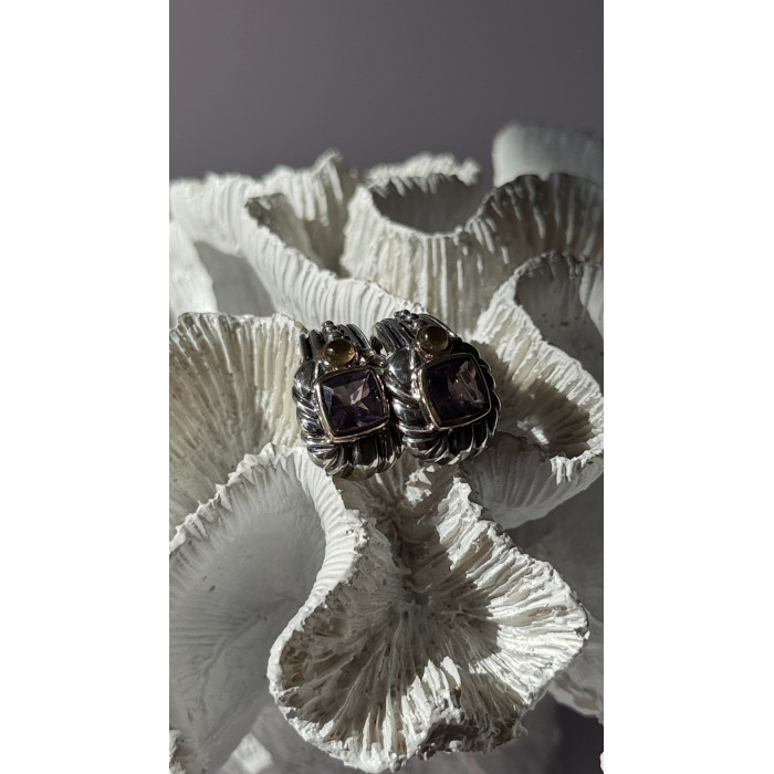 925 Sterling Silver Amethyst & Amber Clip Earrings