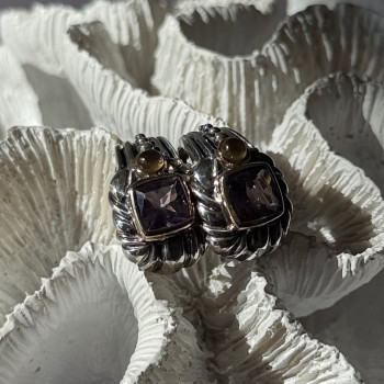 925 Sterling Silver Amethyst & Amber Clip Earrings