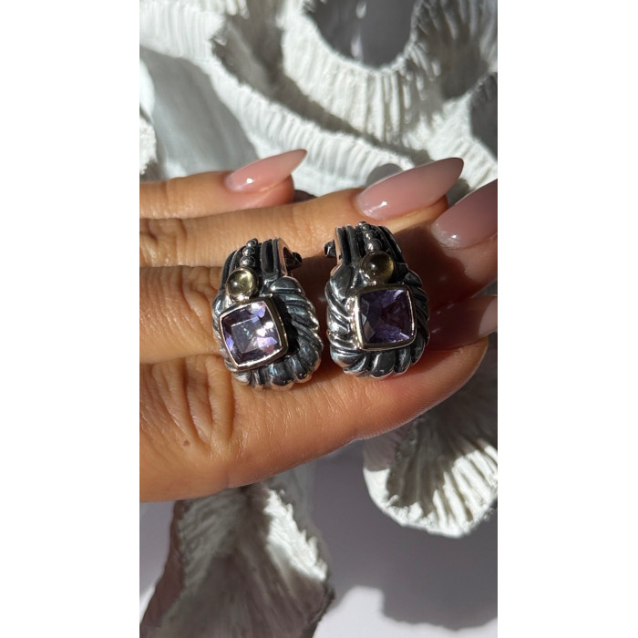 925 Sterling Silver Amethyst & Amber Clip Earrings