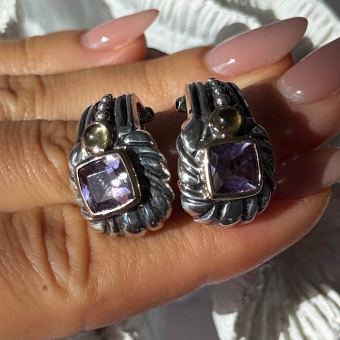 925 Sterling Silver Amethyst & Amber Clip Earrings